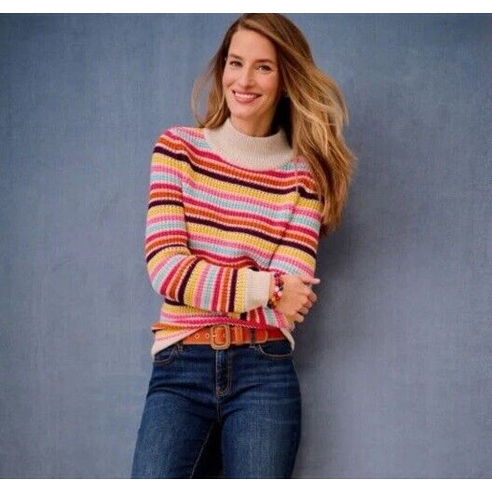 Talbots Mockneck Sweater Women L Happy Stripe‎ Classic Cotton Blend Preppy Fun